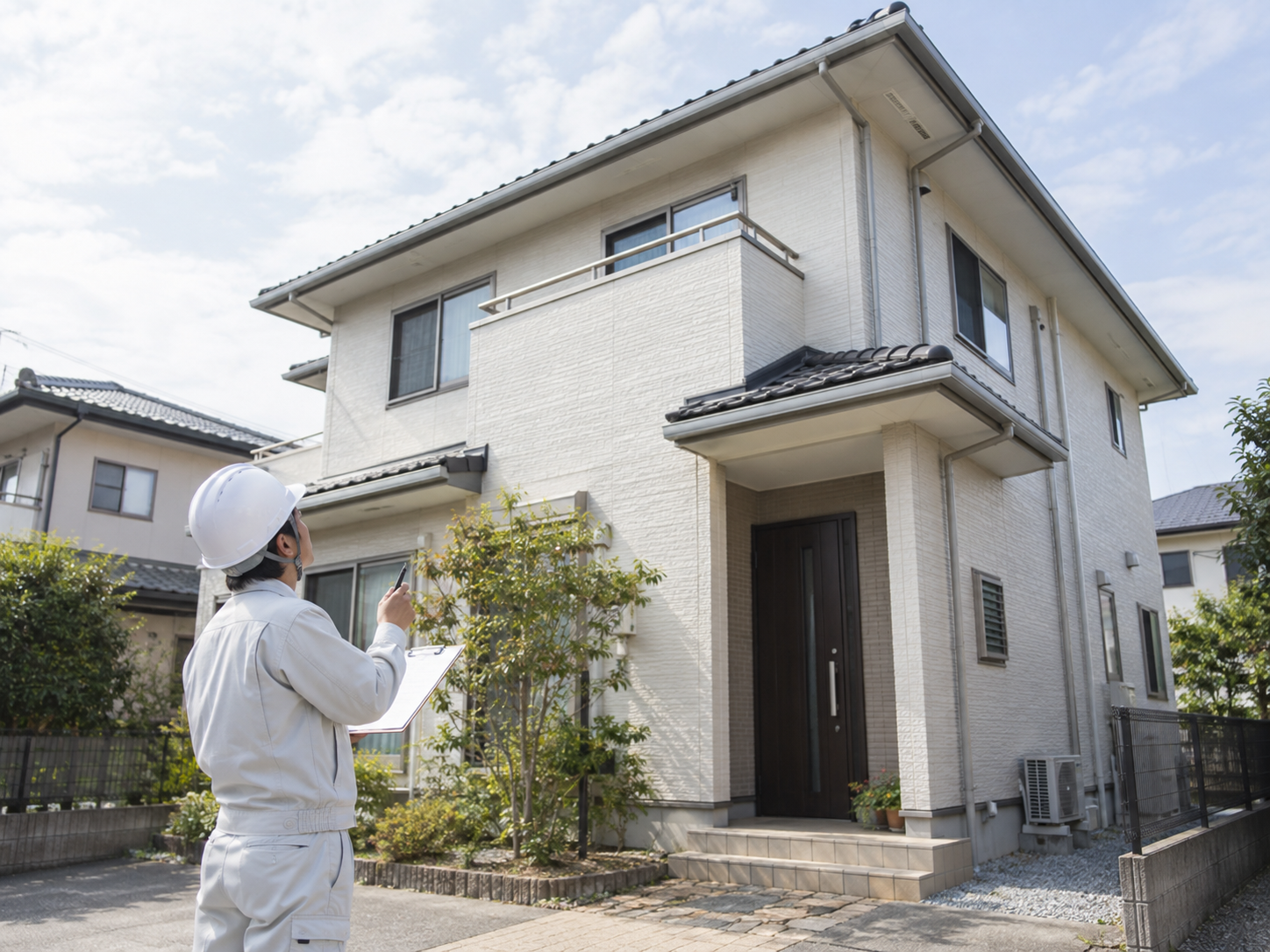 横浜市 外壁塗装の見積もり前に住宅を確認する様子